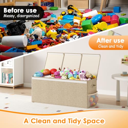 Extra Large Toy Box Chest with Lid, Kids Toy Storage Organizer for Boys Girls, Big Toy Bin Basket Extra Large Toy Storage Box for Living Room Playroom Nursery (40" x14" x16") - color: Beige