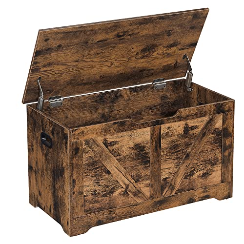 VASAGLE Storage Chest, Storage Trunk with 2 Safety Hinges, Storage Bench, Shoe Bench, Farmhouse Style, 15.7 x 31.5 x 18.1 Inches, for Entryway, Bedroom, Living Room, Rustic Brown ULSB062T01 - color: Rustic Brown, size: 31.5"W x 18.1"H, style: Farmhouse