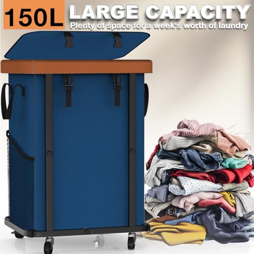 150L (40 Gal) Large Fashion Laundry Basket with Wheels, Leather Patchwork Rolling Hamper Carts, Sturdy Metal Frame, Removable Washable Bag, Tall Clothes Sorter for Bedroom, Laundry Room - Navy Blue - color: Navy Blue, size: 1 Section-150L