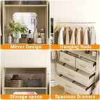 Unikito Closet System, 6-14FT Walk in Closet Organizer with 8 Drawers and Mirror, 168" Wood Closets Insert with Tower, Sturdy Wardrobe Closets Garment Rack with Extendable Hanging Rods, White Oak