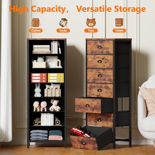 Furnulem Bedroom Dresser with 7 Drawers,Tall Industrial Fabric Chest of Drawers, Vertical Storage Tower Bedside Furniture in Living Room,Closet,Entryway-Sturdy Steel Frame(Rustic Brown) - color: Rustic Brown, size: 11.8"D x 15.8"W x 43.3"H (7 Drawers)
