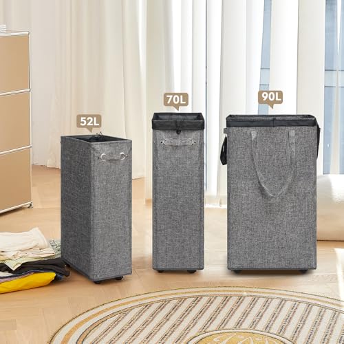 DOKEHOM 25-Inches Slim Laundry Basket on Wheels, Collapsible Rolling Laundry Hamper, Foldable Narrow Corner Clothes Storage Bins (Linen Grey) - color: Linen Grey/M, size: Slim Plus 25"