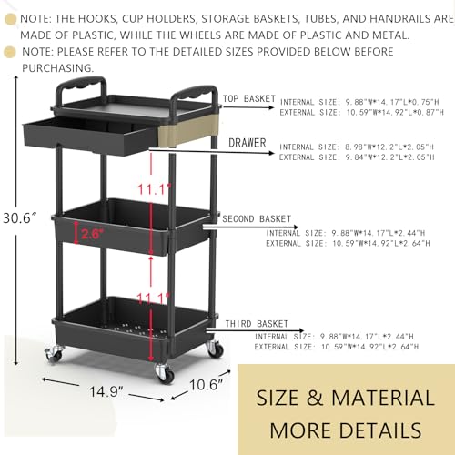 Goovilla 3 Tier Rolling Utility Cart Organizer with Removable Drawer, Stable and Sturdy Black Rolling Storage Carts with 2 Lockable Wheels for Bathroom, Kitchen, Snack, Craft, Makeup, Baby Essentials - size: 3 Tier, style: Black