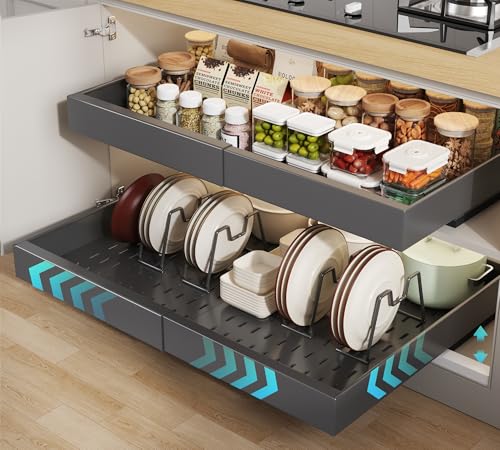 Seinloes 2 Pack Pull out Cabinet Organizer 21" Deep With Raising Pad for Framed Cabinets,Expandable (15.2"-26.3"W) Slide out Drawers for Kitchen Cabinets with 4pcs Divider Racks,Roll out Shelves,Black - color: Black, size: 15.2"-26.3"W x 21"D(2Pack)