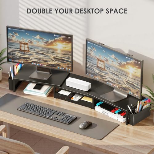 OPNICE Desk Organizers and Accessories, Dual Monitor Stand Riser with Drawer and 2 Pen Holders, Desk Shelf Metal Computer Racks for Office Workspace Organizers, Desktop Organization (Black Metal) - color: Black Metal, size: With drawer and pen holder