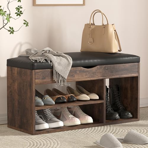 Apicizon 31 Inches Storage Bench with Padded Cushion, Shoe Bench with Storage Space, Upholstered Entryway Bench for Living Room, 2-Tier Shoe Rack Organizer, Brown - color: Brown, size: 31 Inch