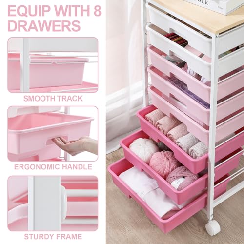 Rolling Cart with Drawers,Storage Cart with 8 Drawers and Wooden Tabletop,Utility Cart for Living Room,Classroom, Bedroom,Bathroom,Dorm,Office,Rose Pink - color: Rose Pink