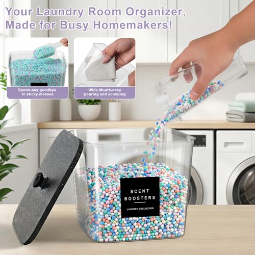 POLRAI Laundry Pod Containers and Dryer Sheet Holder and Laundry Detergent Dispenser Clear Laundry Room Organization and Storage with Wooden Lids Labels and spoon （2+1+1 Pack）