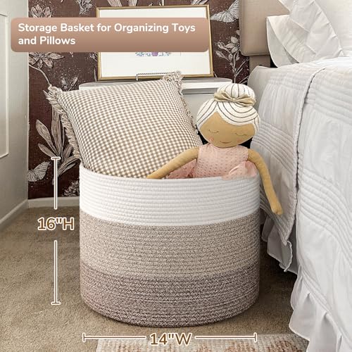 Goodpick Large Woven Basket, Blanket Basket Living Room 15.8"x15.8"x13.8", Woven Storage Bin for Baby Laundry, Light & Brown - color: White & Light Brown, size: 15.8x15.8x13.8 Inch (Pack of 1)