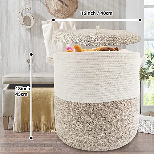 Large Storage Basket with Lid 60L, 16"Wx18"H Woven Laundry Hamper Basket with Handle, Room Decor Cotton Rope Wicker Basket Toy Organizer Bins for Clothes Blankets Pillows, Beige/White Mix includes Lid - color: Beige/White Mix-16"Wx18"H