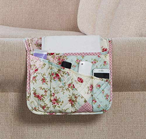 Brilliant Sunshine Pink and Green Rose Patchwork Sofa Armrest 5 Pockets Organizer, Slip Resistant Armchair Caddy, Washable Remote Controls Holder, Storage for Magazine, Tablet, 35×13", Pink Green - color: Pink Green