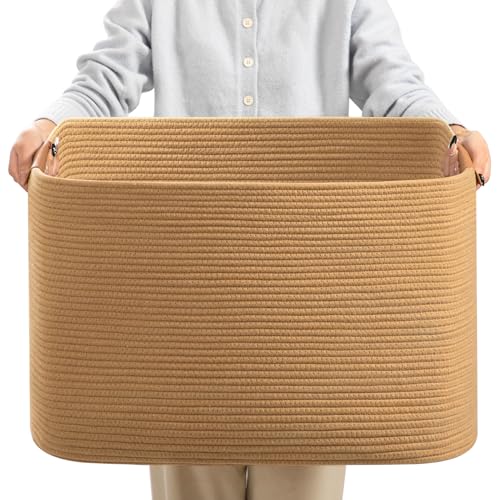danpinera Large Blanket Basket for Living Room, 72 L Woven Cotton Rope Baskets for Kids Toy, Pillows, Towels, Cotton Organizing with leather handle, Storage Bin for Nursery, 22’’*17’’*11.8’’ Jute - color: Jute, size: 72L