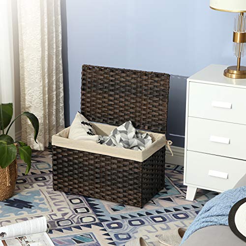 SONGMICS Storage Basket with Lid, Woven Blanket Storage Bin with Handles, Foldable, Removable Liner, Metal Frame, for Bedroom, Laundry Room, 17.2 Gallons (65 L), Brown URST56BR - color: Brown, size: 65 L
