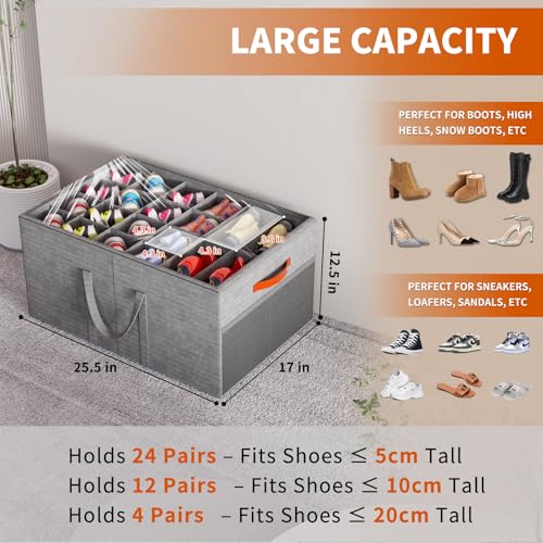 Aokeyee 2 Pack Shoe Organizer for Closet, Large Shoe Storage Box Fits up to 48 Pairs, Space Saving Foldable Shoes Organizer Bin w/Clear Cover and 4 Reinforced Handles, Grey - color: Grey, size: Fits up to 48 Pairs