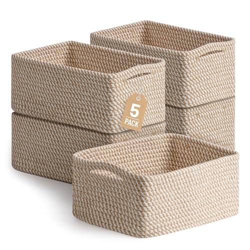 5 Pack Decorative Small Storage Baskets for Shelves, Cotton Rope Woven Basket for Organizing Bathroom, Nursery, Closet, Cabinet, Toys & Socks, Gift Baskets Empty, 11.8"x7.9"x4.7", Khaki - color: Khaki