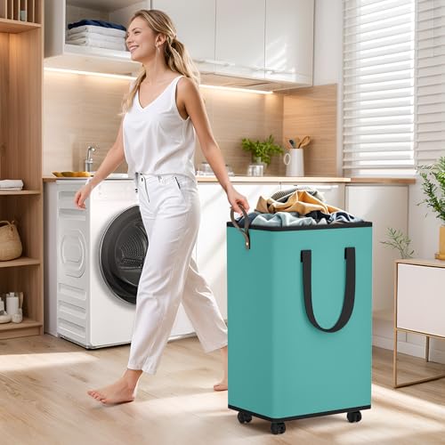 SpaceTrove Laundry Basket with Wheels, Collapsible Laundry Baskets, Laundry Hamper with Handles Detachable Wheels, Rolling Laundry Basket, Dirty Clothes Hamper for Bathroom, Dorm, Bedroom, Green, 80L - color: Green, size: 80L