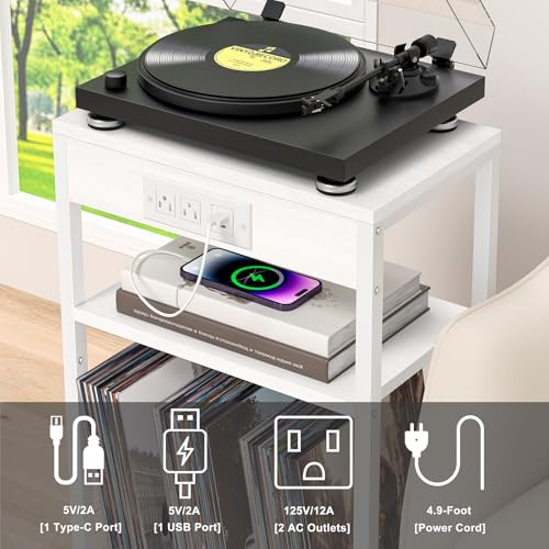 LELELINKY White Night Stand with Charging Station, Record Player Stand with USB Port and Type-C Port, 3 Tier Side Table with Vinyl Storage Shelf, End Tables for Bedroom Small Spaces - color: White, style: Upgraded (With Charger Station & LED Light)