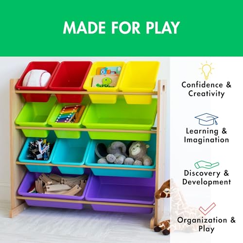 Humble Crew Kids Toy Storage Organizer with 12 Plastic Bins, Natural Wood/Rainbow – Removable Bins for Playroom, Bedroom, Toddler Furniture for Boys and Girls Ages - color: Rainbow/Natural Wood