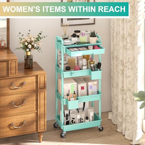 Goovilla 4 Tier Rolling Utility Cart Organizer with Removable Drawer, Stable and Sturdy Blue Rolling Storage Carts with 2 Lockable Wheels for Bathroom, Kitchen, Snack, Craft, Makeup, Baby Essentials - size: 4 Tier, style: Blue