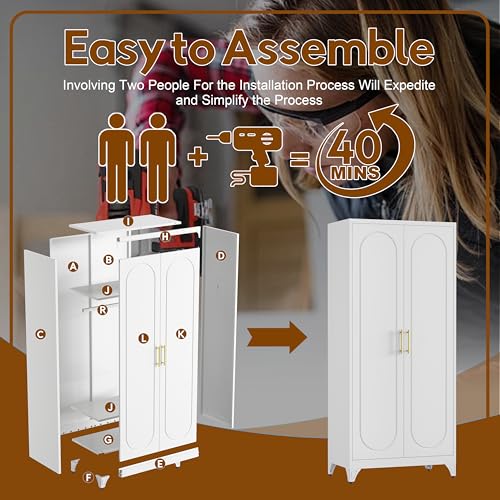 UNICOLY Armoire Wardrobe Closet with Doors, 71'' Wardrobe Cabinet with Hanging Rod, Metal Closet with 2 Adjustable Shelves for Bedroom School, Employee, Gym, Armarios De Ropa para Dormitorio, White - color: White, size: 71 Inch arched-J with 0 Drawers
