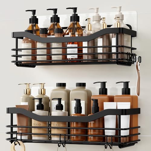 Orimade Adhesive Shower Caddy Shelf with 5 Hooks Organizer Storage Rack Rust Resistant Wall Mounted Stainless Steel No Drilling for Bathroom, Toilet, Kitchen - 2 Pack,Black - color: Black, size: 4.72"D x 12.6"W x 3.54"H