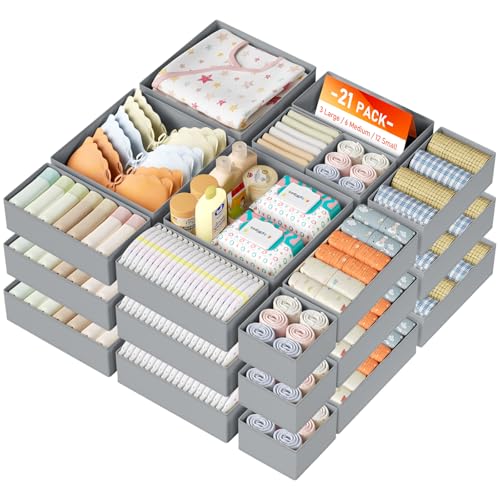DIMJ Drawer Organizer Clothes, 21 Pack Dresser Organizer, Foldable Closet Organizers and Storage, Fabric Dresser Bins, Drawer Dividers for Nursery, Baby Clothes, Underwears, Sock - color: Gray, size: 21 Pack