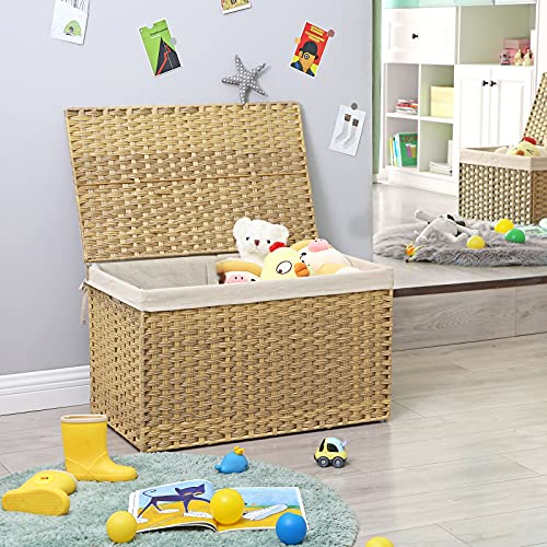 SONGMICS Storage Basket with Lid, Woven Blanket Storage Bin with Handles, Foldable, Removable Liner, Metal Frame, for Bedroom, Laundry Room, 42.3 Gallons (160 L), Natural URST76NL - color: Natural, size: 160 L