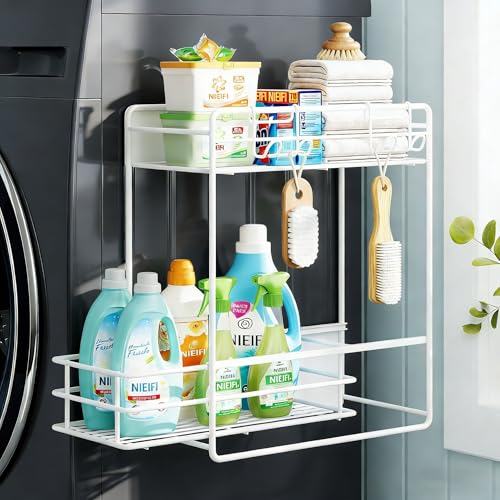 Nieifi 2 Tier Magnetic Shelves for Washing Machine, Magnetic Spice Rack for Refrigerator, Laundry Room & Kitchen Organizer Storage Baskets, White - color: White