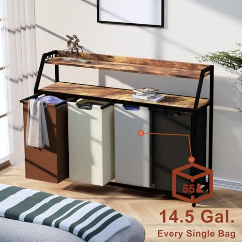 Timberer Laundry Hamper, Laundry Sorter 4 Section, Rolling Laundry Basket with Wheels, 2 Shelves, 4 × 14.5 Gal, Pull-Out and Removable Oxford Fabric Bags, for Laundry Room, 4 Colors - color: Multicolored, size: 4 Bags (54.3"L x 12.9"W x 41.7"H)