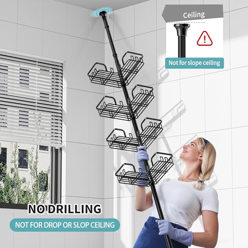 KEGII 2-in-1 Soap Holders x 2 & 32 Hooks Shower Caddy Tension Pole, Stainless Steel Adjustable Corner Shower Organizer for Bathroom, 25–114.2 Inches, Black - color: Black