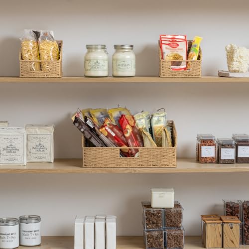 StorageWorks Paper Rope Pantry Storage Baskets, Wicker Baskets with Built-in Handles, Handwoven Shelf Baskets for Organizing, Pantry Organizers and Storage, Natural, 3 Pack - color: Light Brown(Paper Rope), size: 17"L x 11"W x 7½"H + 2x 7½"L x 9½"W x 6¾"H
