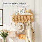 HOOBRO Wall Hooks with Shelf, Coat Rack with Shelf Wall-Mounted, Entryway Wall Key Holder, Hat Rack for Walls, Purse Hanger for Wall, Entryway Hanging Shelf with 6 Retractable Pegs, Natural YL46YM01 - color: Natural