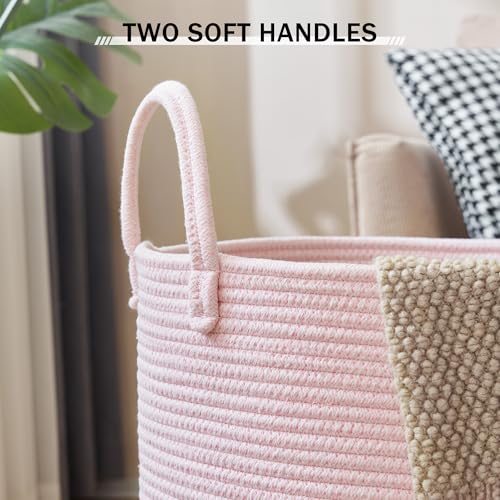 YOUDENOVA Woven Rope Laundry Hamper, 58L Tall Luandry Basket, Baby Nursery Hamper for Blanket Storage in Bedroom-Large-Pink - color: Pink, size: Tall (58L )