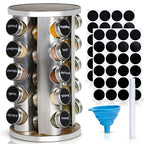 Oak Marketplace 20 Jar Rotating Spice Rack Organizer – Stainless Steel Revolving Countertop Spice Rack with 20 Glass Spice Jars and Labels