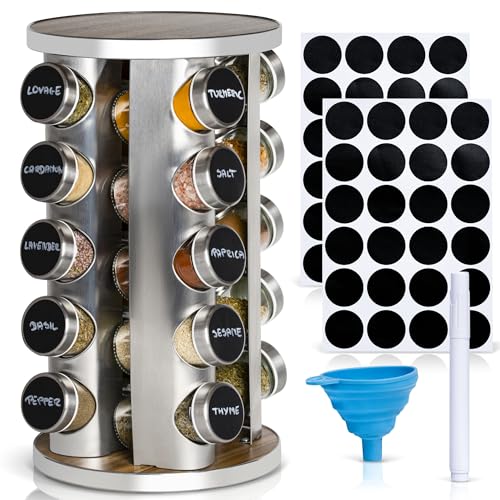 Oak Marketplace 20 Jar Rotating Spice Rack Organizer – Stainless Steel Revolving Countertop Spice Rack with 20 Glass Spice Jars and Labels