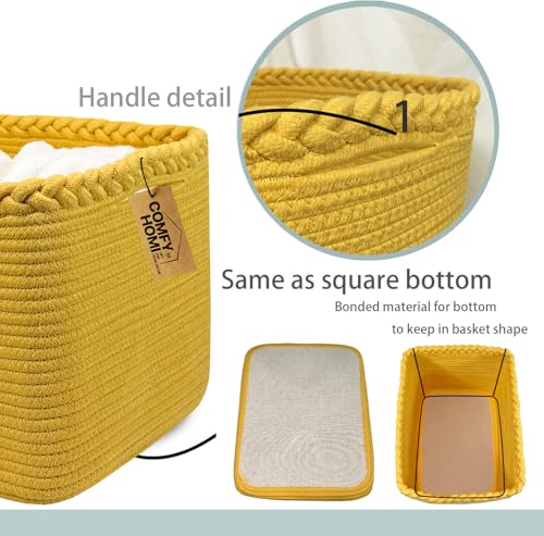 COMFY-HOMI Square Woven Cotton Rope Basket for Organizing, Gift Baskets for Handles, Empty Gift Baskets, Toy Basket for bins|13.5" x 11" x 9.5" home decor for Living Room, Bathroom - color: Yellow, size: 13.5"X11"X9.5"
