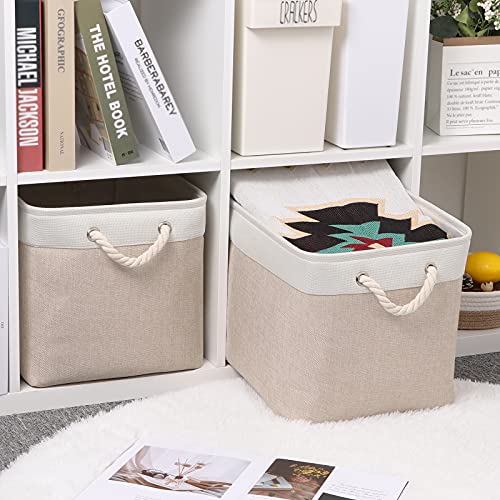 Bidtakay Beige Storage Basket Large Fabric Cloth Baskets [2-Pack] Tall Rectangular Shelf Baskets 16X11.8X11.8 in Canvas Collapsible Storage Bins with Handles for Organizing Living Room(White&Beige) - color: White&Beige, size: 2 Pack-L-16x11.8x11.8 In