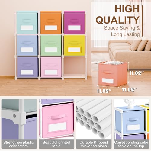 Geelin 9 Cube Toy Storage Organizer with Fabric Bins and Labels, 11 Inch Collapsible Colorful Cubby Storage Drawers Pastel Dresser with Shelf for Playroom Nursery Closet Bedroom Dorm - color: Pastel