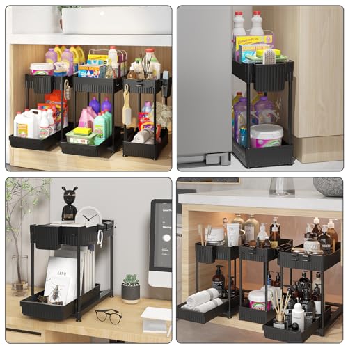 Sevenblue 3 Pack Under Sink Organizers, 2-Tier Multi-Use Kitchen and Bathroom Organizers and Storage with Sliding Drawers, Bathroom Cabinet Organizer (Black, 14.8 Inch) - color: Black, size: 14.8 Inch