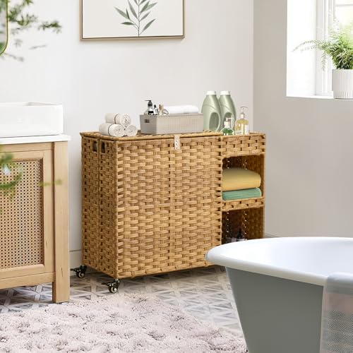 Laundry Hamper with Wheels, 42.3 Gal.(160 L) Laundry Sorter with Shelves, Rattan Clothes Hamper with 4 Removable Liners & 3 Mesh Bags, Handwoven Organizer for bedroom, bathroom, laundry room, Natural - color: Natural