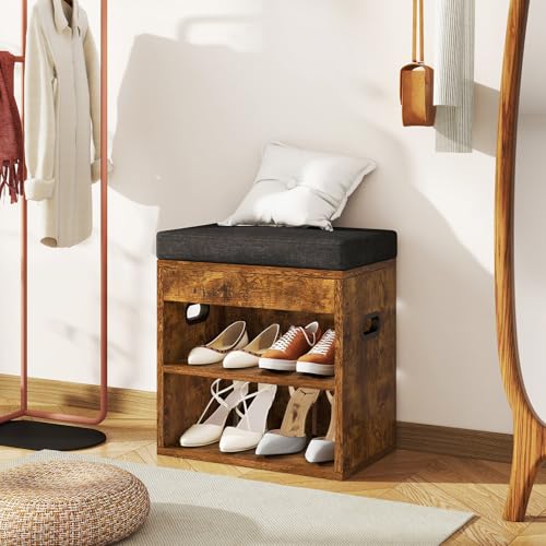 YMYNY Small Shoe Storage Bench with Cushion and Drawer, 2 Tier Adjustable Entryway Bench with Storage, Wooden Shoe Rack Bench for Entryway, Living Room, Hallway, Closet, Bedroom, Rustic Brown, HSC002H - color: Rustic Brown