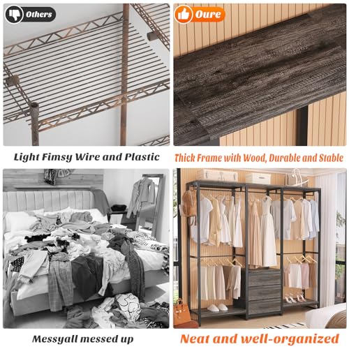 Aheaplus Garment Rack Heavy Duty Clothes Rack for Hanging Clothes,Clothing Rack with Drawers, Wood Stoarge Shelf Wardrobe Rack, Freestanding Closet Corner L Shaped Closet System Organizers,Black Oak - color: Black Oak