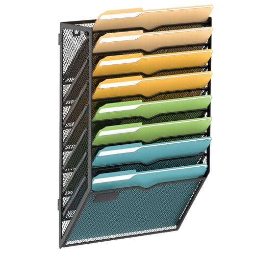 SUPEASY 8 Tier Wall File Organizer, Hanging Wall Mounted Mail Organizer with Label Slots, Metal Mesh File Holder Magazine Rack for Office, Home, School or Classroom, Black - color: Black, size: 8-Tier