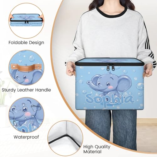 Custom Storage Basket with Name, Personalized Storage Bins with Zipper Lid, Foldable Fabric Storage Box Large capacity with Handle Bubble Elephant - color: Option 18