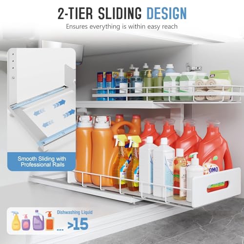 Under Sink Organizer Upgrade To Professional Rails,2-Tier Dual Pull Out Cabinet Storage,Height Adjustable Slide Out Drawers For Bathroom Kitchen,1 Pack-21"Dx12.8"-16.9"H,White - color: White, size: 1 Pack-21"Dx12.8"-16.9"H