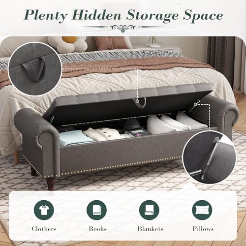 Apicizon 60” Bench with Storage, Upholstered Tufted Button Bedroom Bench with Storage, Faux Leather End of Bed Bench with Rolled Arms, Storage Ottoman Bench for Bedroom, Living Room, Entryway, Gray - color: A-grey, size: 60 Inches