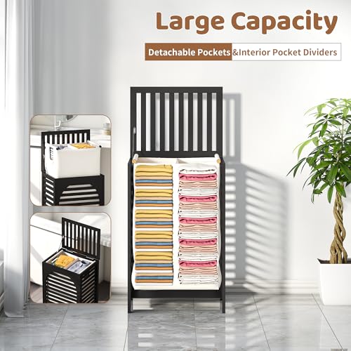 FILWH Laundry Hamper with Lid (16.9 * 13 * 26.5inches) Large Bamboo Laundry Bin Basket 85L Clothes Hamper with 1 Removable Bag Storage baskets for Bathroom(Black) - color: Black