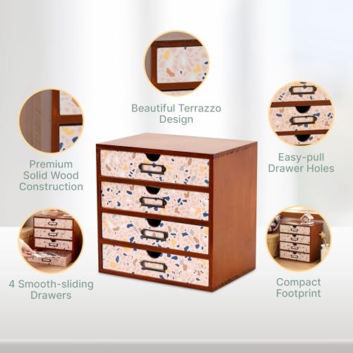 Terrazzo Pattern Wooden Desk Organizer - 4-Drawer Desktop Storage - Modern & Rustic Wood Cabinet for Office Supplies, Craft Tools, & Home Organization - Cute Drawer Unit - color: Pastel Terrazzo