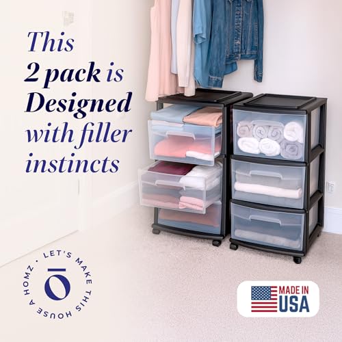 HOMZ 2-Pack Drawer Tower, 3-Tier Clear Plastic Storage Organizer Cart, Black Frame - Organizing Containers with Wheels for Home, Bathroom, Bedroom, Office, and Classroom - color: Black, size: 2 Pack