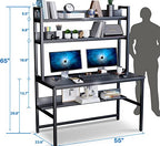 Aquzee Computer Desk with Hutch and Bookshelves, Large Leg Room 55 inch Width Black Desk with Space Saving Storage Shelves, Easy Assemble and All Hardware and Tools Included - color: Black, size: 55inch
